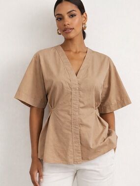 Sandro Beige V-Neck Short Sleeve Cotton Blouse, Size S